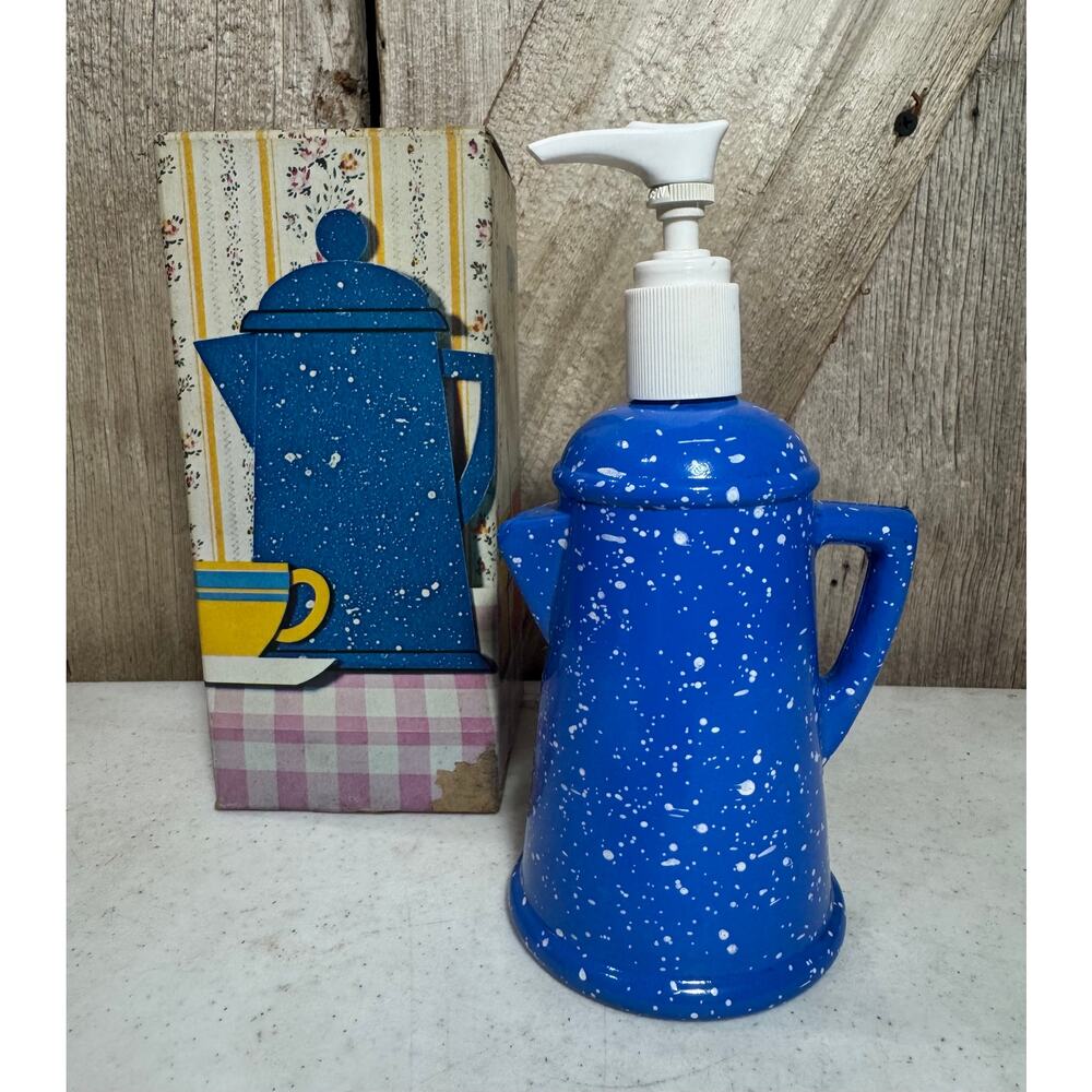 Vtg Vintage Avon Country Style Coffee Pot Hand Soap Pump 1980s Blue Speckled